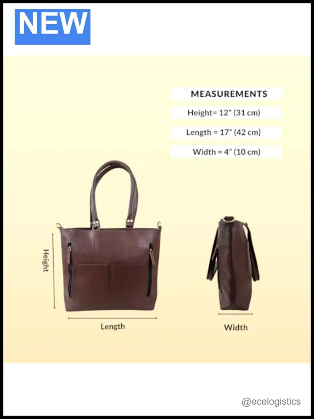 Genuine Leather Handmade Tote Bag with Zip Pockets & Crossbody Strap